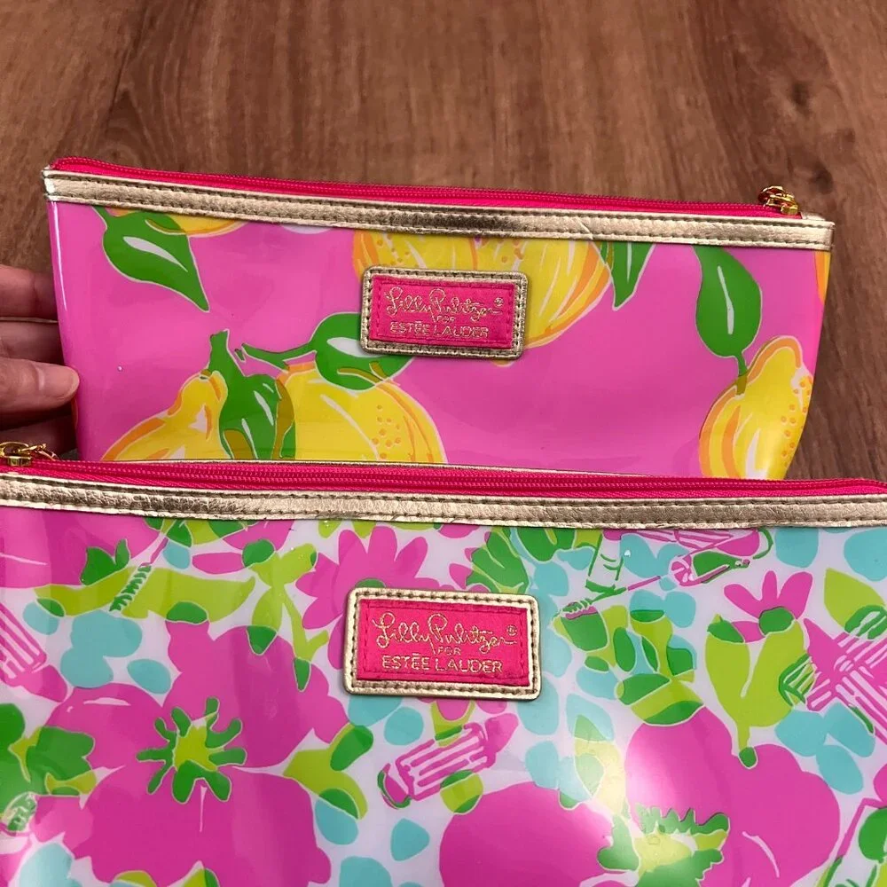 Lilly Pulitzer for Estee Lauder Pink Lemon Floral Makeup/Cosmetic Bag Bundle